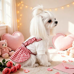 KUTKUT Small Dog Dress for Girls - Red Gingham Checkered Pet Dress with Ruffle Straps, Heart Design & Cute Button Details for Puppy, Maltese, Kittens, Shihtzu etc (Red)