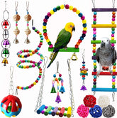 KUTKUT 15 Pcs Bird Parrot Swing Chewing Toys, Wooden Hanging Bell with Hammock Climbing Ladder Colorful Pet Birds Cage Toys for Small Parakeet Cockatiel Conures Finches Macaws Love Birds