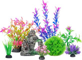 KUTKUT 8Pcs Aquarium Artificial Plastic Plants Decorations and Rock Cave Decor Set Goldfish Betta Fish Tank Accessories Small Large Fish Bowl Ornaments