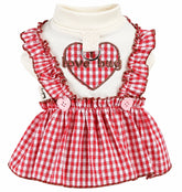 KUTKUT Small Dog Dress for Girls - Red Gingham Checkered Pet Dress with Ruffle Straps, Heart Design & Cute Button Details for Puppy, Maltese, Kittens, Shihtzu etc (Red)