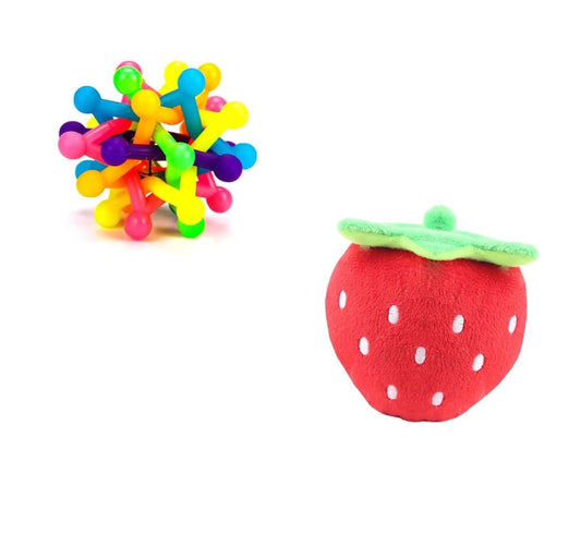 KUTKUT Combo of Colorful Bell Sound Woven Chewing Ball and Funny Plush Squeak Chew Sound Strawberry Design Stuffed Toy for Dogs and Cats - kutkutstyle