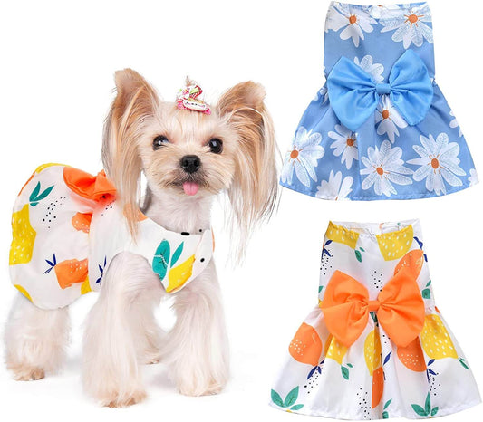 KUTKUT 2 Pack Dog Bowknot Dress Floral Puppy Dresses for Small Dogs Girl Dog Clothes Outfit Apparel Cute Summer Cat Clothing for Maltese Yorkie - kutkutstyle