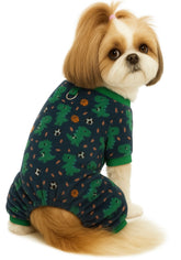 KUTKUT Cute Dinosaur Print Fleece Dog Jumpsuit, Warm Winter Pet Pajamas With Leash Ring, Soft Plush Onesie Sleepewear For Puppies, Small Dogs Maltese, Yorkshire etc & Cats