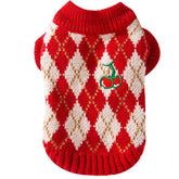 KUTKUT Cozy Red Argyle Kint Small Pet Sweater With Cherry Embroidery, Warm Winter Sweater For Cats & Small Dogs, Soft Comfortable Knitwear For Puppies, ShihTzu, Poodle Etc