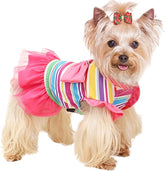 KUTKUT Dog Clothes Girl Dog Dress Puppy Dresses Pet Dress Female Cavalier King, Frenchi Cat Tulle Dress Birthday Party Lace Costume Stripes Tutu Skirt Apparel Bow Outfit (Multi)