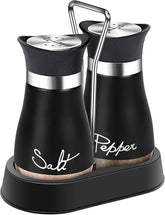 EZYHOME Salt and Pepper Shakers Set with Holder,Red Kitchen Decor and Accessories Farmhouse Gadgets Table Housewarming Gift Christmas Decor Refillable Design (Black)