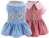 KUTKUT 2Pcs Small Dog Cat Frock, Cute Soft Bear Button Floral Collar and Rabbit Patch with Lace Collar Dog Skirt Dress for Puppy Yorkii, Maltese, Bichon - kutkutstyle