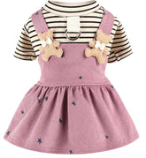 KUTKUT Small Dog Cat Dress for Girls, Cute Striped T-Shirt with Star Print Skirt, Puppy Pet Dress with Teddy Bear Applique for Shihtzu, Malties etc ( Pink )