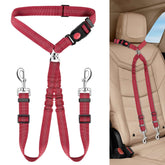 KUTKUT Double Dog Seat Belt, Dual Pet Car Headrest Restraint Safety Seatbelt No Tangle Dog Leash Duty Adjust Elastic Bungee Lead Splitter Connect Harness in Vehicle Travel for 2 Dogs (Red)