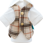 KUTKUT Small Dog Plaid Shirt Vest - Classic Beige Checkered Pet Outfit With Buttons & White Collar, Stylish Puppy & Kitten Clothing For Special Occassions