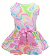KUTKUT Rainbow Swirl Dog Dress For Small Dogs & Cats, Sleeveless Frock With Pink Bow, Colourful Soft Breathable Polyester Puppy Outfit For Parties, Photoshoots & Casual Wear