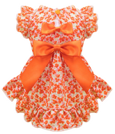 KUTKUT Floral Orange Dog Dress, Ruffle Sleeves & Skirt With Double Satin Bow, Lightweight, Soft & Breathable Polyester Pet Outfit Small Puppy Dogs & Cats Outfit For Photoshoot, Birthday
