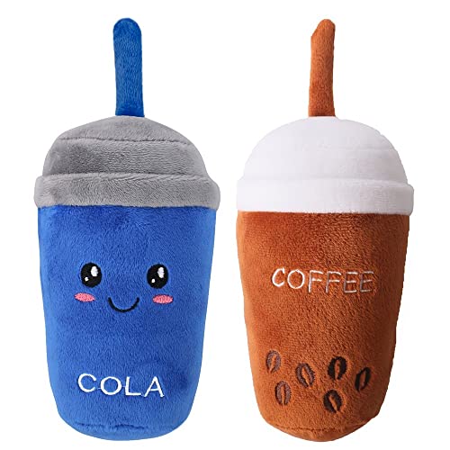 KUTKUT 2 Pack Squeaky Dog Toys, Non-Toxic and Safe Chew Toys for Puppy with Funny Cola Coffee Tumbler Shape, Durable Interactive Crinkle Plush Dog Toy for Small, Medium Dogs - kutkutstyle