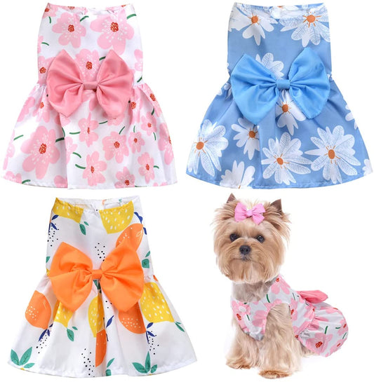 KUTKUT 3 Pack Dog Dress for Small Dogs Girl, Princess Puppy Dress with Bow for Yorkie Maltese, Summer Pet Clothes Dog Tutu Skirt, Doggie Outfits Cat Apparel - kutkutstyle