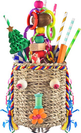 KUTKUT Hanging Bird Foraging Toys, Natural Grass Basket With Shredding Papers, Wooden Blocks & Colourful Chew Toys for Parakeets, Cockatiels, Conures, Small and Medium Bird Cage Accessories