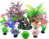 KUTKUT 12Pcs Aquarium Artificial Plastic Plants Decorations and Rock Cave Decor Set Goldfish Betta Turtle Fish Tank Accessories Small Large Fish Bowl Ornaments