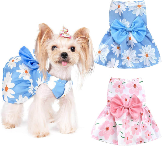 KUTKUT 2 Pack Dog Bowknot Dress Hawaiian Daisy Puppy Dresses for Small Dogs Girl Dog Clothes Outfit Apparel Cute Summer Cat Clothing for Maltese Yorkie - kutkutstyle