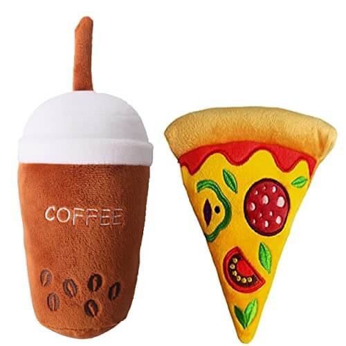 KUTKUT 2 Pack Squeaky Dog Toys, Non-Toxic and Safe Chew Toys for Puppy with Funny Food Pizza Coffee Tumbler Shape, Durable Interactive Crinkle Plush Dog Toy for Small, Medium Dogs - kutkutsty
