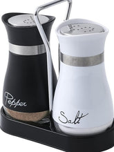 EZYHOME Salt and Pepper Shakers Set Stainless Steel Salt Shaker and Pepper Shaker Set with Holder Refillable Screw-Off Perforated "S" and "P" Caps for Kitchen Table Decor(Black & White)