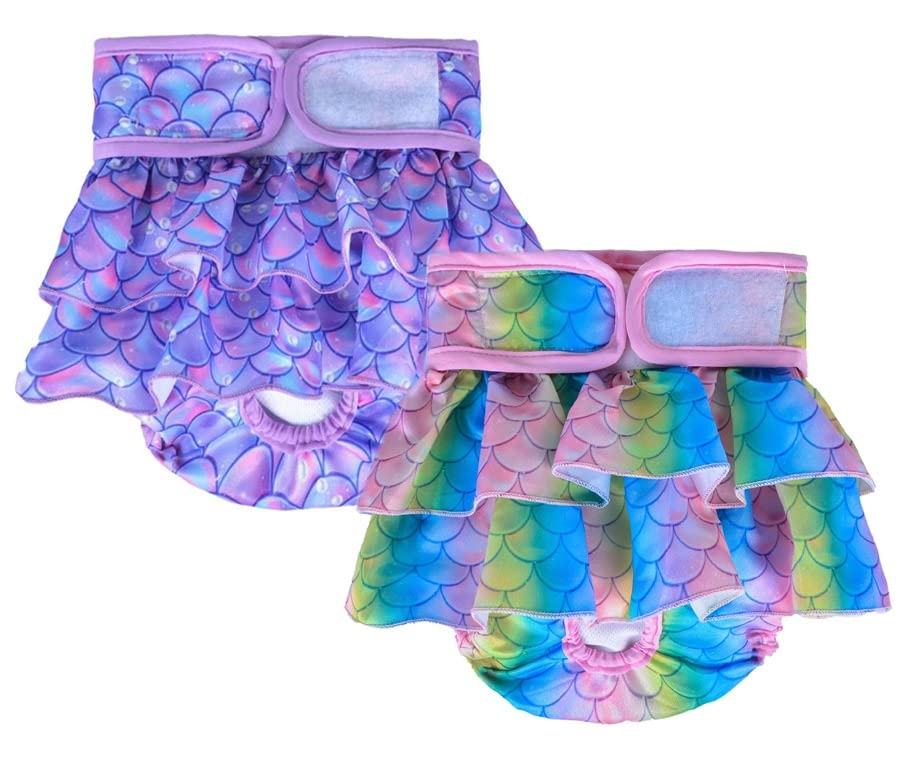 KUTKUT 2 Pcs Female Dog Adjustable Diapers Washable Reusable Super Absorbency Leak-Proof Mermaid Pattern Nappie for Dogs in Heat, Period or Excitable Urination, Sanitary Panties Dress - kutku