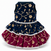 KUTKUT Zari Embroidered Festive Dress for Small Dogs and Cats, Sleeveless, Sequin Work, Two-Layer Skirt, Silver LCE Trim Outfit for Diwali & Celebrations (Dark Blue & Plum Maroon)