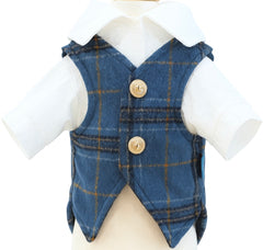 KUTKUT Small Dog Plaid Shirt Vest - Classic Blue Checkered Pet Outfit With Buttons & White Collar, Stylish Puppy & Kitten Clothing For Special Occassions