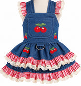 KUTKUT Small Dog Cat Denim Dress with Cherry Embroidery, Red Gingham Ruffles & Lace Trim- Cute Princess Party Dress for Maltese, Pomeranian, Shihtzu, Kittens