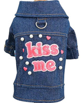 KUTKUT Cute Small Dog Cat Denim Jacket With "kiss me"Embroidery - Stylish Pet Jean Jacket Woth Pearls & D-ring For Puppy, Cat & Small Dogs Maltese, Toy Pom Pekingese, Papillon etc