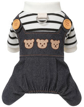 KUTKUT Small Dog Cat Dark Blue Denim Jumpsuit With Striped Shirt & Teddy Bear Patch - Cute Pet Overall Outfit For Puppies, Cats, ShihTzu, Maltese, Pekingese & Other Small Breed