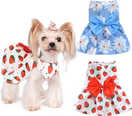 KUTKUT Dog Bowknot Dress 2 Pack Hawaiian Daisy Puppy Dresses for Small Dogs Girl Dog Clothes Outfit Apparel Cute Summer Cat Clothing for Maltese Yorkie - kutkutstyle