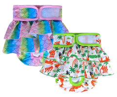 KUTKUT 2 Pcs Female Dog Adjustable Diapers Reusable Washable Super Absorbency Jungle Mermaid Dog Nappie Dresses for Dogs in Heat, Period or Excitable Urination, Sanitary Panties - kutkutstyle