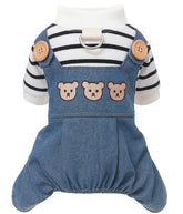 KUTKUT Pet Overalls Jumpsuit For Small Dogs & Cats - Denim Outfit With Teddy Bear Embroidery & Striped Shirt For Puppies, Cats, ShihTzu, Poodle, Lhasa Apso, Jack Russell etc