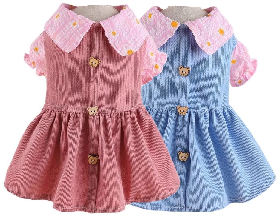 KUTKUT 2Pcs Small Dog Cat Frock, Cute Soft Bear Button Floral Collar Dog Skirt Dress for Puppy Yorkii, Maltese, Bichon etc - kutkutstyle
