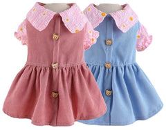 KUTKUT 2Pcs Small Dog Cat Frock, Cute Soft Bear Button Floral Collar Dog Skirt Dress for Puppy Yorkii, Maltese, Bichon etc - kutkutstyle