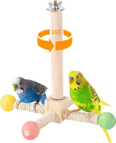 KUTKUT Bird Stand Perch Toy, Parrot 360° Interactive Rotating Parakeet Toys, Wooden Exercise Wheel Parrot Toy, Enrichment Cockatiel Toy for Birds Cage, Bird Cage Accessories Perch Toys for Budgies