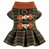 KUTKUT Winter Small Dog Dress, Elegant Plaid Pet Dress with Contrast Corduory Collar, Pleated Hem & Toggle Detailing, Fashion Outfit for Shihtzu, Lhasa Apso, Cavalier King etc ( Brown )