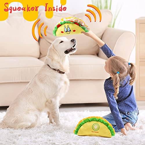 KUTKUT 2 Pack Squeaky Dog Toys, Non-Toxic and Safe Chew Toys for Puppy with Funny Food Cola Taco Shape, Durable Interactive Crinkle Plush Dog Toy for Small, Medium Dogs - kutkutstyle