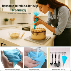EZYHOME 21Pcs Piping Bags and Tips Set, Reusable Cake Decorating Supplies with 2 Reusable Bags, 12 Icing Tips, 2 Silicone Rings, 2 Couplers and 3 Scrapers, Cake Baking Tools for Cookie Icing Cupcakes