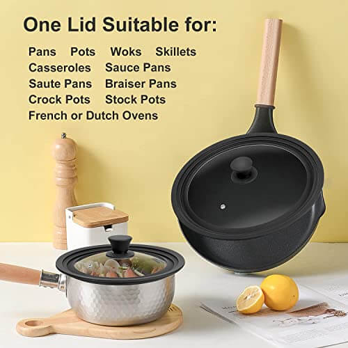 EZYHOME 2 Pcs Universal Pot Lid - Cast Iron Lid - Frying Pan Cover - Skillet Lid - Tempered Glass, Silicone Rim Cool Touch Handle, Steam Vent Dishwasher Safe Multi-sized Lid - kutkutstyle