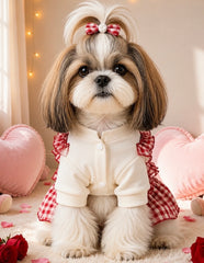 KUTKUT Small Dog Dress for Girls - Red Gingham Checkered Pet Dress with Ruffle Straps, Heart Design & Cute Button Details for Puppy, Maltese, Kittens, Shihtzu etc (Red)