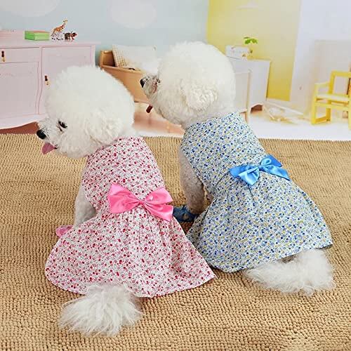 KUTKUT 2 Pack Elegant Floral Puppy & Cat Princess Dresses | Cute Bowknot Pet Flower Sundress Tutu Skirt Summer Cloth for Yorkii, Pomeranian, Shihtzu Pup etc - kutkutstyle
