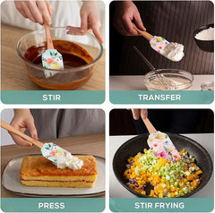 EZYHOME Wooden handle Silicone Floral Printed Spatula, Heat-Resistant Silicone Scraper, Suitable for Cooking, Baking, Stirring & Applying (30cm *6 cm)