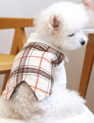 KUTKUT Small Dog Plaid Shirt Vest - Classic Beige Checkered Pet Outfit With Buttons & White Collar, Stylish Puppy & Kitten Clothing For Special Occassions