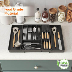 EZYHOME Silverware Organizer for Kitchen Drawers, Expandable Utensil Tray with Removable Knife Block, Adjustable Cutlery and Flatware Holder, Plastic Spoon Forks Holder Storage Divider.
