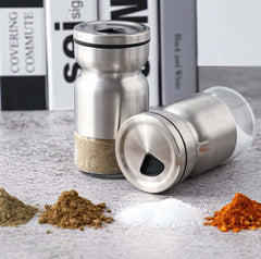 EZYHOME Silver Finished Stainless Steel Metal Salt Pepper Shaker Salt and Pepper Dispenser with Glass Bottom, Cute Salt and Pepper Shakers for Kitchen Decor and Accessories, Easy Filling