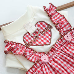 KUTKUT Small Dog Dress for Girls - Red Gingham Checkered Pet Dress with Ruffle Straps, Heart Design & Cute Button Details for Puppy, Maltese, Kittens, Shihtzu etc (Red)