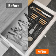 EZYHOME Silverware Organizer for Kitchen Drawers, Expandable Utensil Tray with Removable Knife Block, Adjustable Cutlery and Flatware Holder, Plastic Spoon Forks Holder Storage Divider.