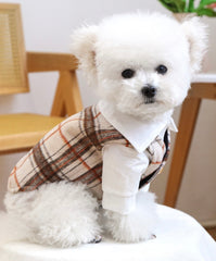 KUTKUT Small Dog Plaid Shirt Vest - Classic Beige Checkered Pet Outfit With Buttons & White Collar, Stylish Puppy & Kitten Clothing For Special Occassions