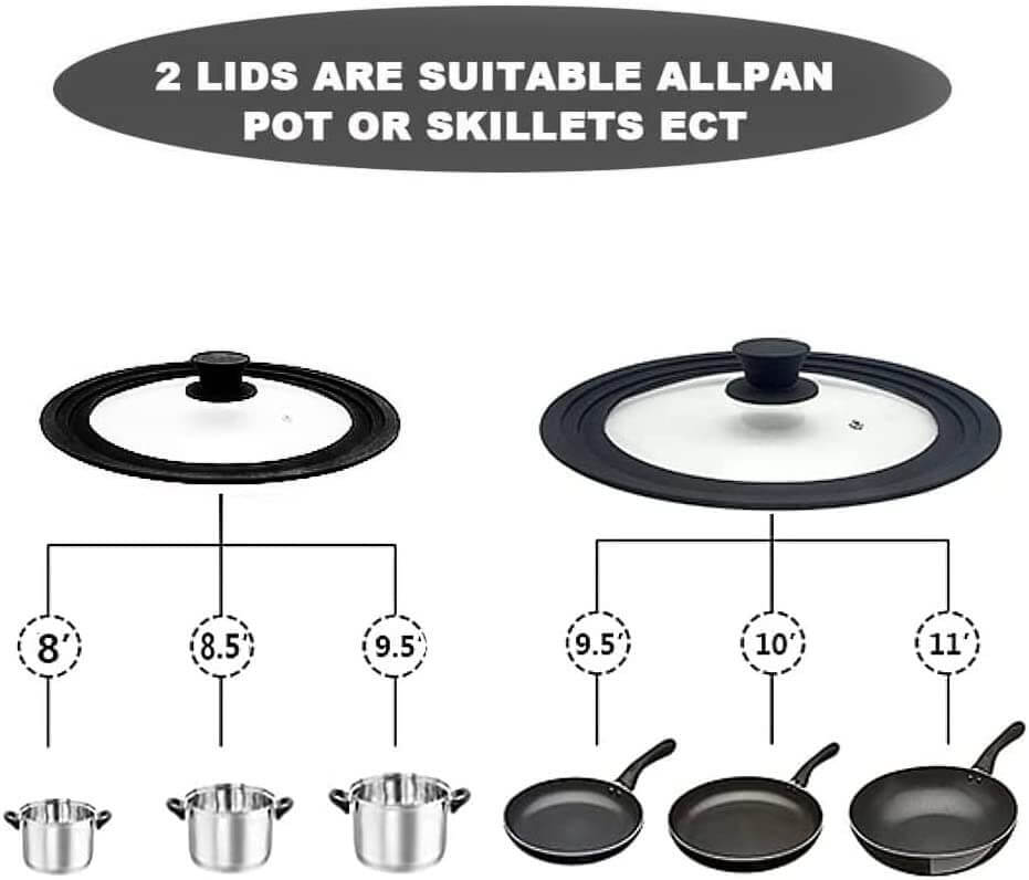 EZYHOME 2Pcs Universal Lid for Pots and Pans,Heat-Resistant Tempered Glass Frying Pan Lid, One Size Fits All, Frying Cooking Pans Cover, Silicone Rubber Pot Lid - kutkutstyle
