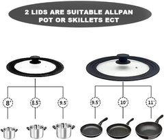 EZYHOME 2Pcs Universal Lid for Pots and Pans,Heat-Resistant Tempered Glass Frying Pan Lid, One Size Fits All, Frying Cooking Pans Cover, Silicone Rubber Pot Lid - kutkutstyle